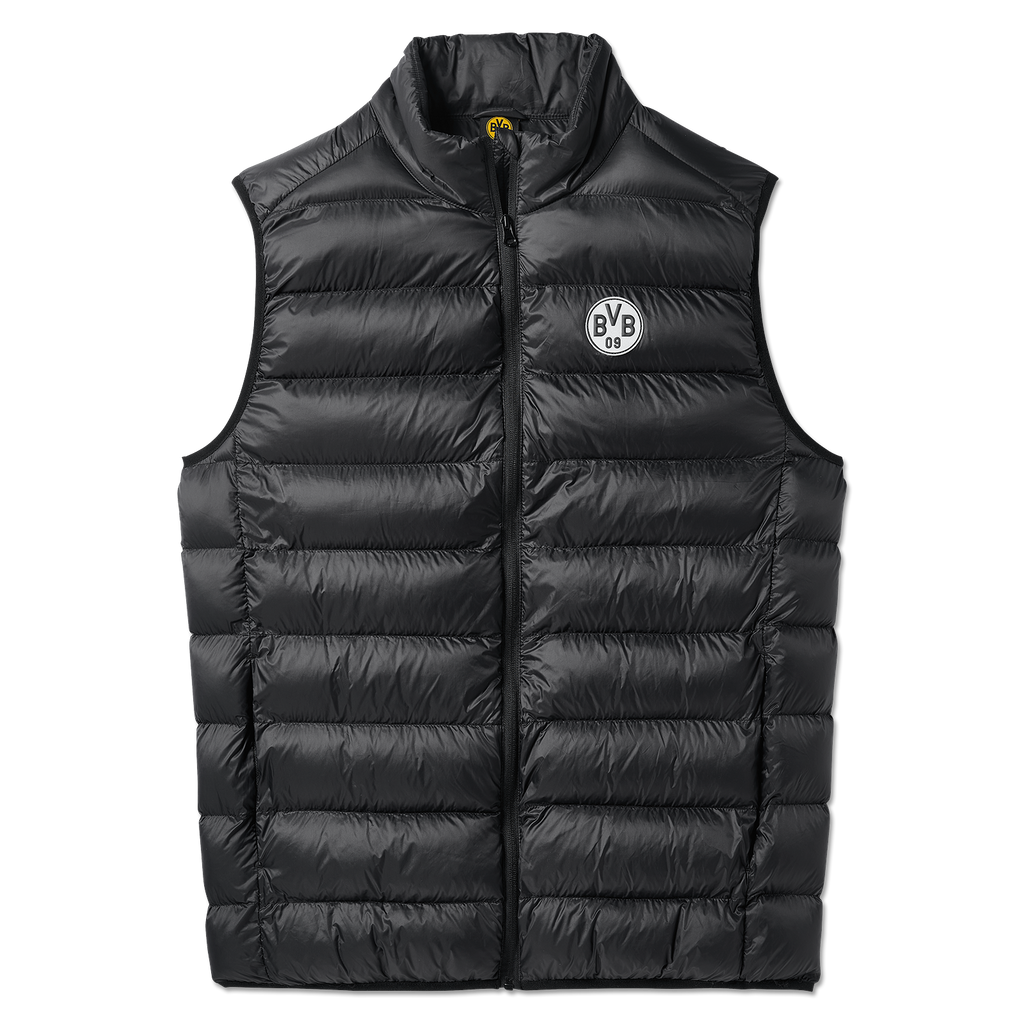 Ärmellose, schwarze Padded-Weste von Borussia Dortmund mit gestepptem Muster und BVB-Logo auf der linken Brustseite.