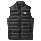 Ärmellose, schwarze Padded-Weste von Borussia Dortmund mit gestepptem Muster und BVB-Logo auf der linken Brustseite.