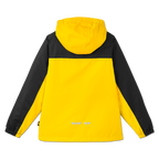 Schwarzgelbe BVB-Regenjacke für Kinder, Rückansicht mit Kapuze und reflektierenden Details. Perfekt für schlechtes Wetter und Borussia Dortmund Fans.