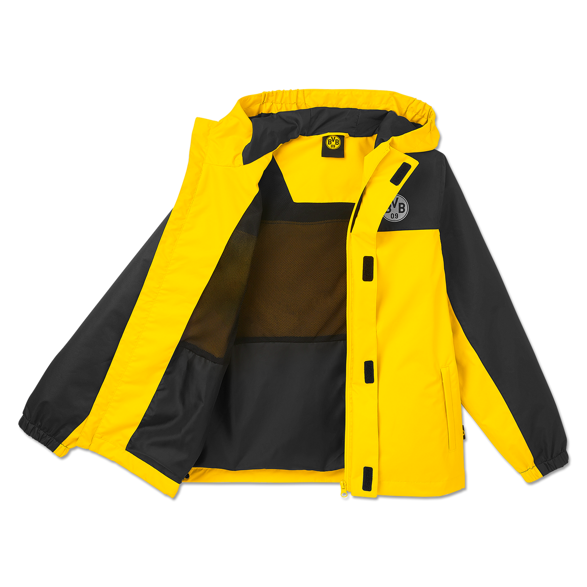 Chaqueta impermeable infantil del Borussia Dortmund en negro y amarillo, con capucha y el logotipo del BVB, una prenda ideal para la lluvia para los jóvenes aficionados del BVB.