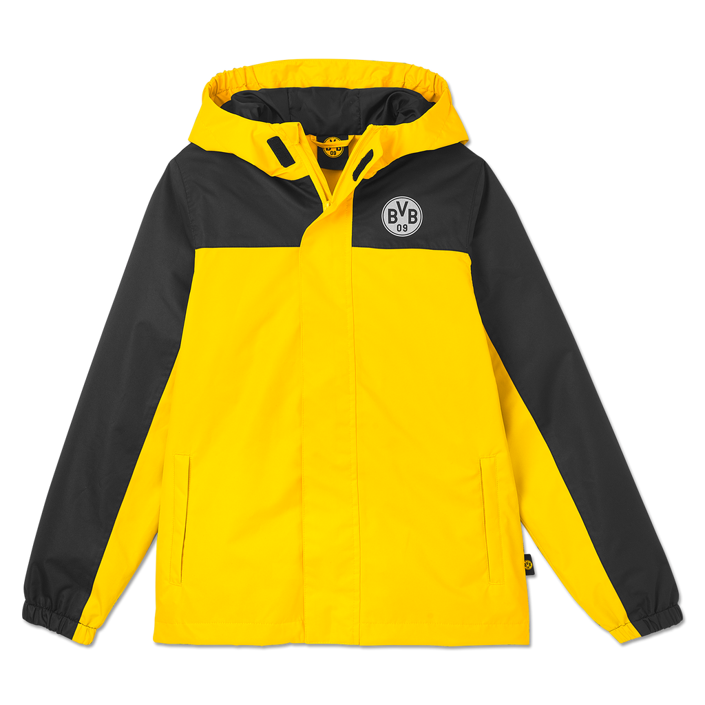 Schwarzgelbe BVB-Regenjacke für Kinder mit Kapuze und BVB-Logo, ideal für Outdoor und Regenwetter.