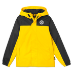Schwarzgelbe BVB-Regenjacke für Kinder mit Kapuze und BVB-Logo, ideal für Outdoor und Regenwetter.