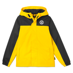 Black-and-yellow BVB rain jacket for kids with a hood and BVB logo, ideal for outdoor activities and rainy weather.