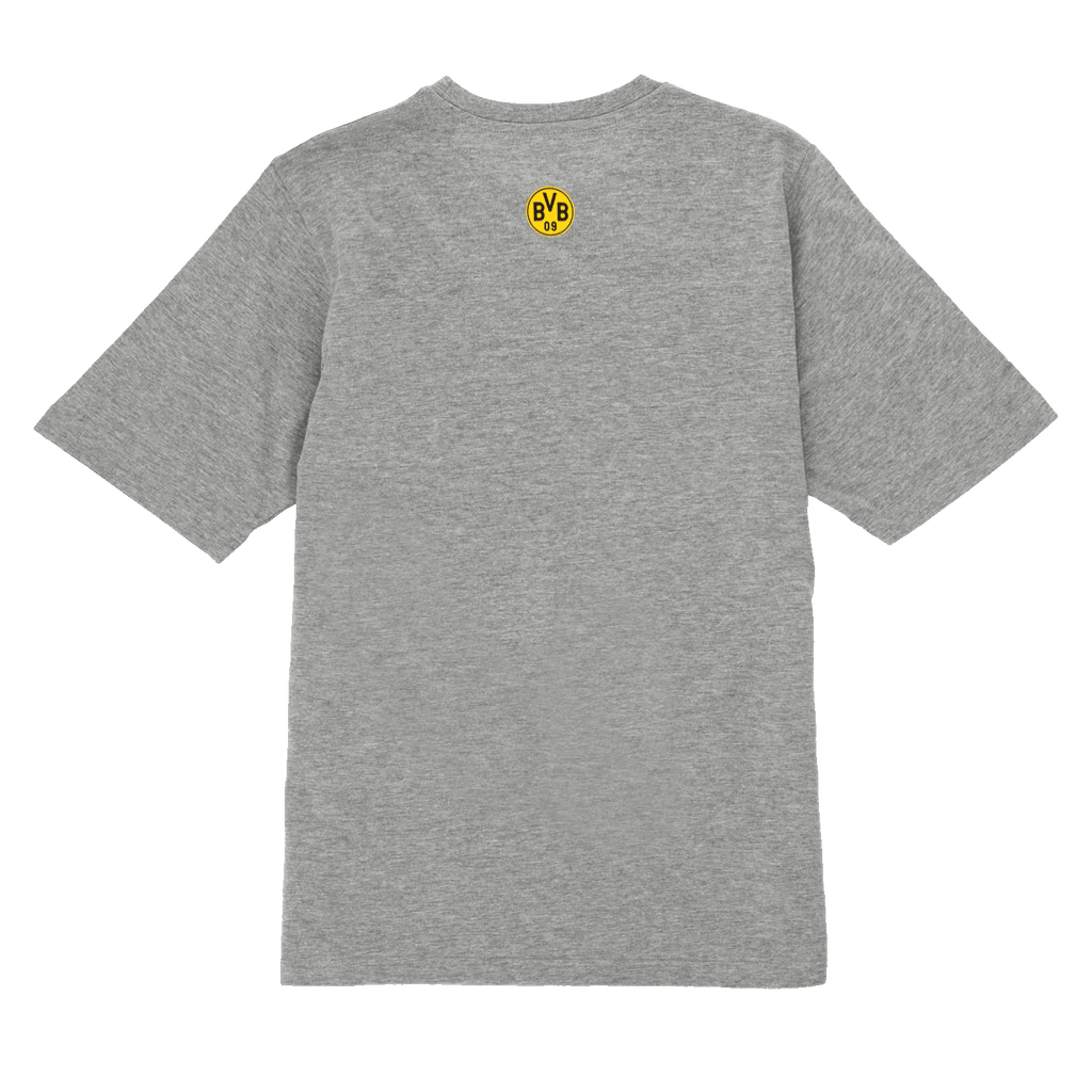 Die Rückansicht eines grauen BVB-T-Shirts mit schwarzgelbem Borussia-Dortmund-Logo oben auf der Rückseite.