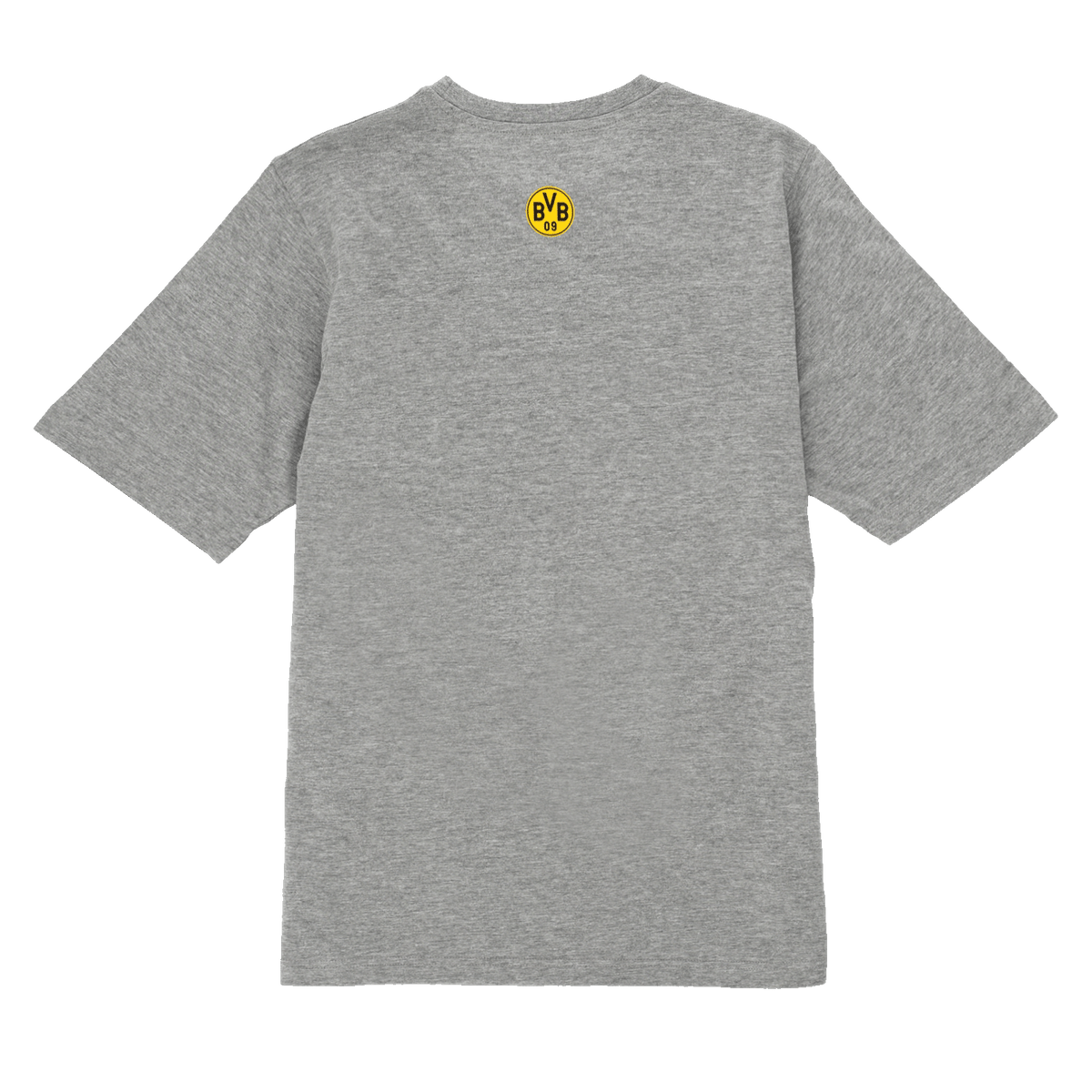 Die Rückansicht eines grauen BVB-T-Shirts mit schwarzgelbem Borussia-Dortmund-Logo oben auf der Rückseite.