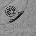 Graues BVB T-Shirt mit eingedrucktem BVB 09 Logo und stilisierter Zeichnung des SIGNAL IDUNA PARK im Kragenbereich.