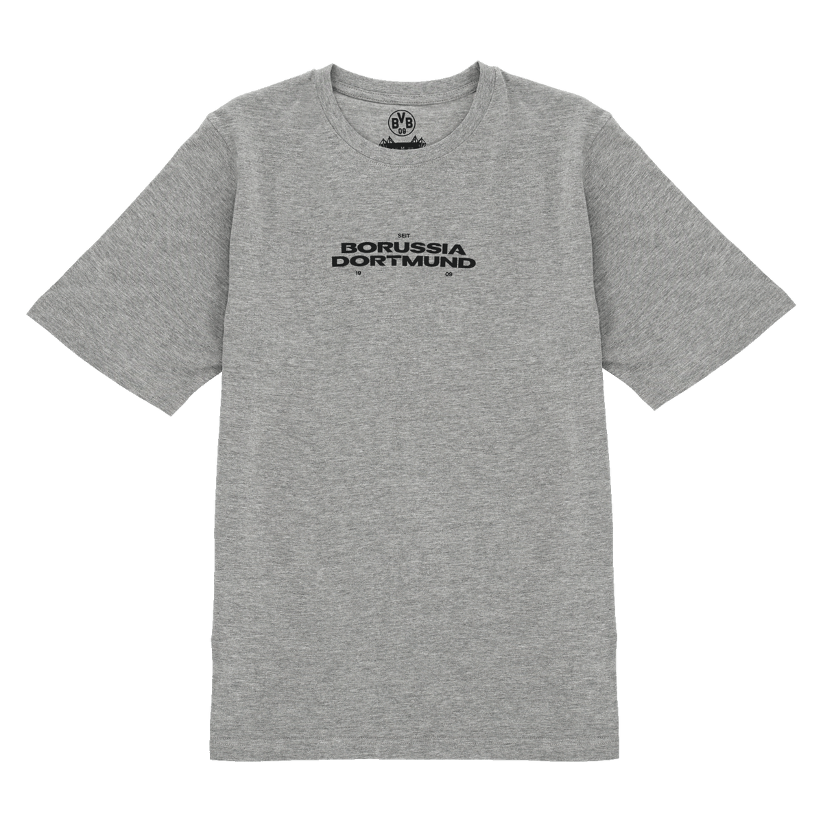 Graues BVB T-Shirt mit schlichtem Design und schwarzem Borussia Dortmund Schriftzug auf der Brust, ideal für Fans und Freizeit.