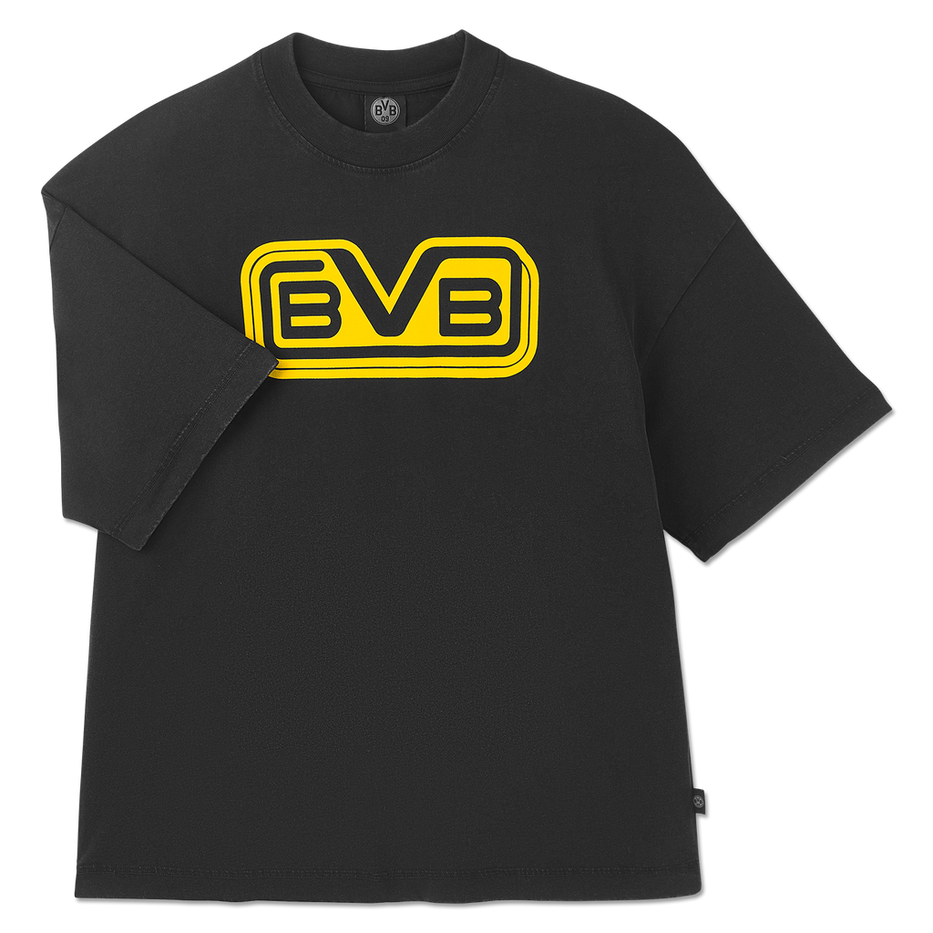 Schwarzes Retro T-Shirt von BVB mit auffälligem gelbem BVB-Logo auf der Vorderseite, ideal für Fans von Borussia Dortmund.
