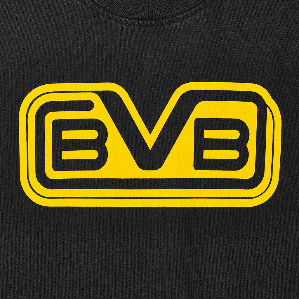 Schwarzes BVB Retro T-Shirt mit gelbem BVB-Logo im Retro-Design, perfekt für Borussia Dortmund Fans.
