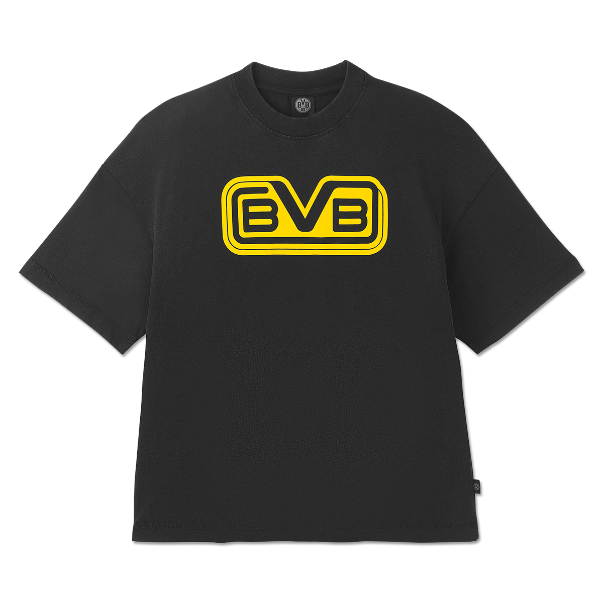 Black BVB retro T-shirt with a yellow BVB logo on the chest, perfect for Borussia Dortmund fans.