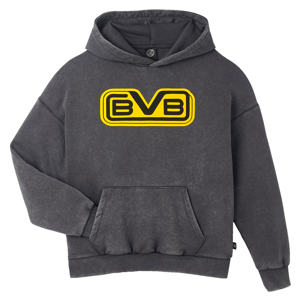 Gray BVB retro hoodie with a yellow BVB logo and a kangaroo pocket—comfortable and stylish for all Borussia Dortmund fans.