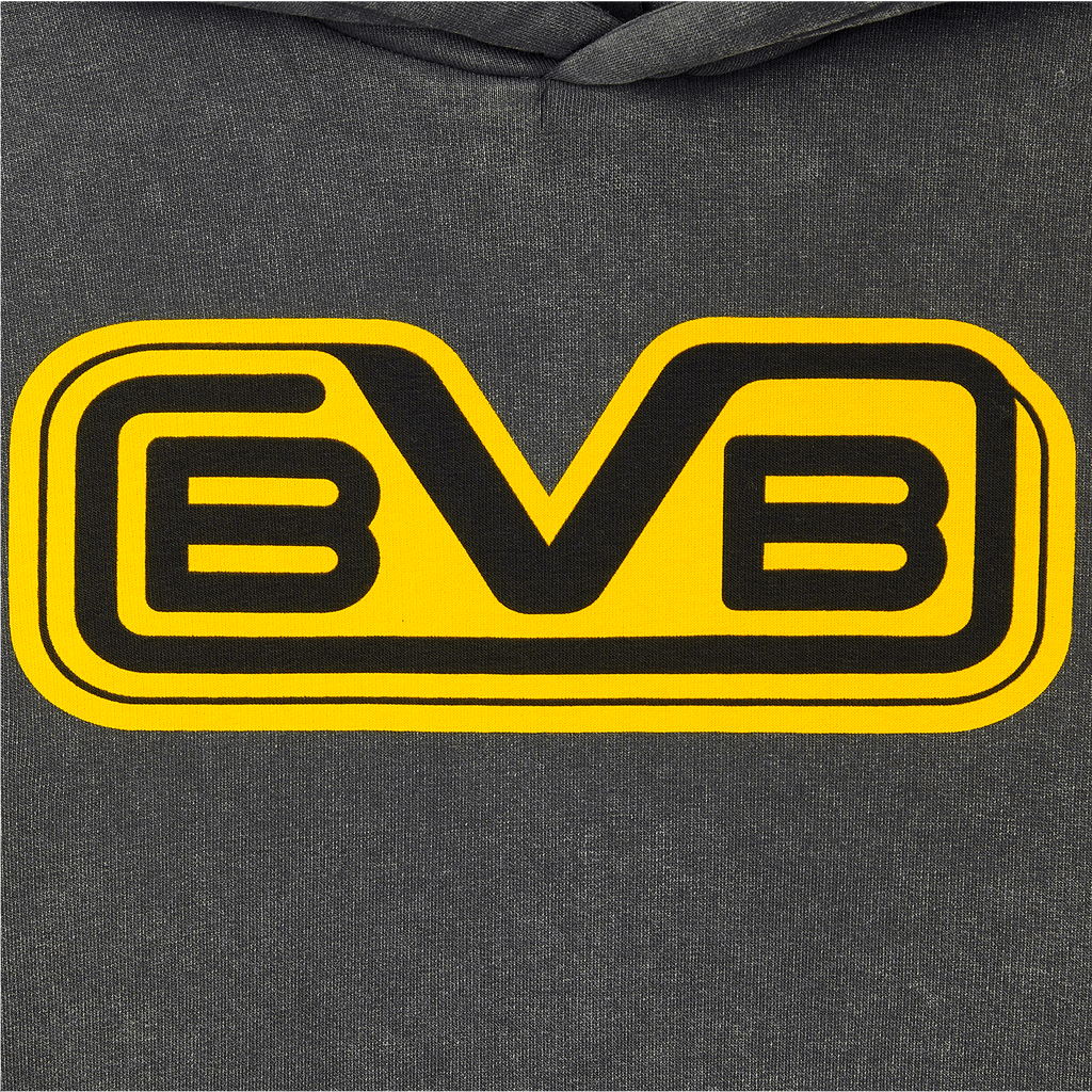 Gray BVB retro hoodie with a striking yellow BVB logo in a retro design—perfect for fans.