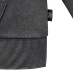 Close-up of a gray BVB retro hoodie featuring the BVB logo and ribbed cuffs, perfect for Borussia Dortmund fans.