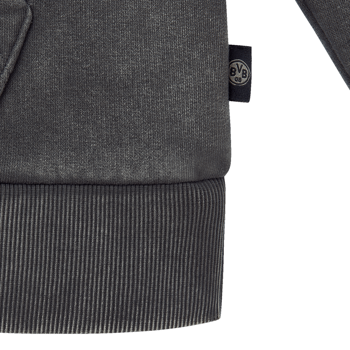 Close-up of a gray BVB retro hoodie featuring the BVB logo and ribbed cuffs, perfect for Borussia Dortmund fans.