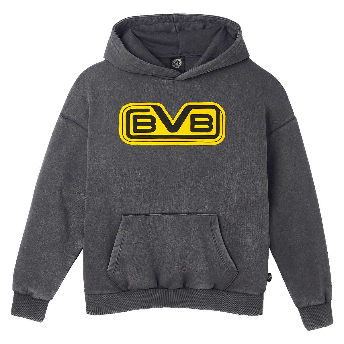 Grauer BVB Retro Hoodie mit großem gelb-schwarzem BVB-Emblem auf der Brust und lässigem Design für Fans.
