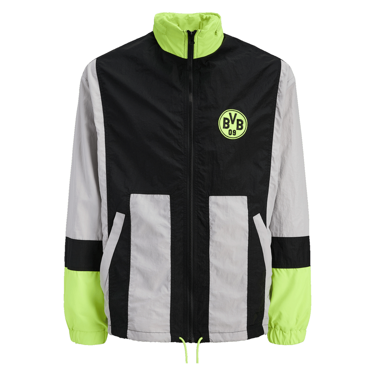 Cortavientos del BVB en negro y amarillo con el logotipo «BVB 09» en el pecho, llamativos detalles en verde y un diseño deportivo