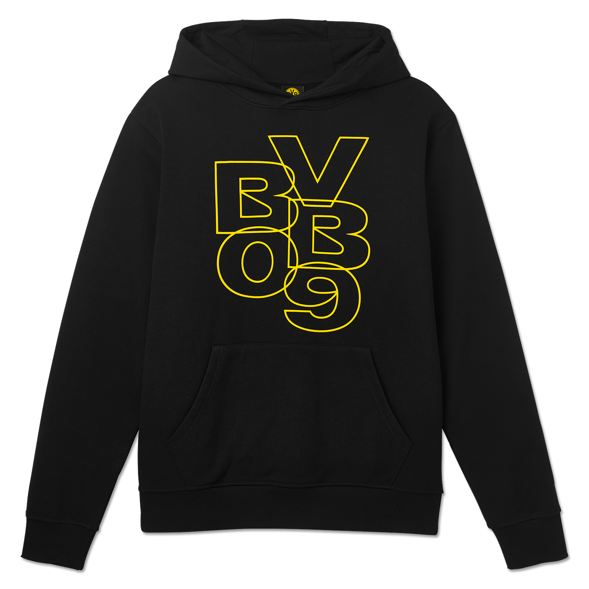 Schwarzer BVB-Hoodie mit auffälligem gelbem BVB 09-Design auf der Vorderseite, weiche Baumwollqualität und praktische Kängurutasche, perfekt für Fans von Borussia Dortmund.