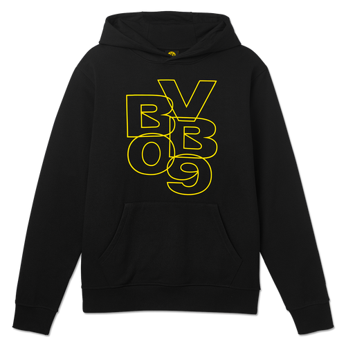 Schwarzer BVB-Hoodie mit auffälligem gelbem BVB 09-Design auf der Vorderseite, weiche Baumwollqualität und praktische Kängurutasche, perfekt für Fans von Borussia Dortmund.