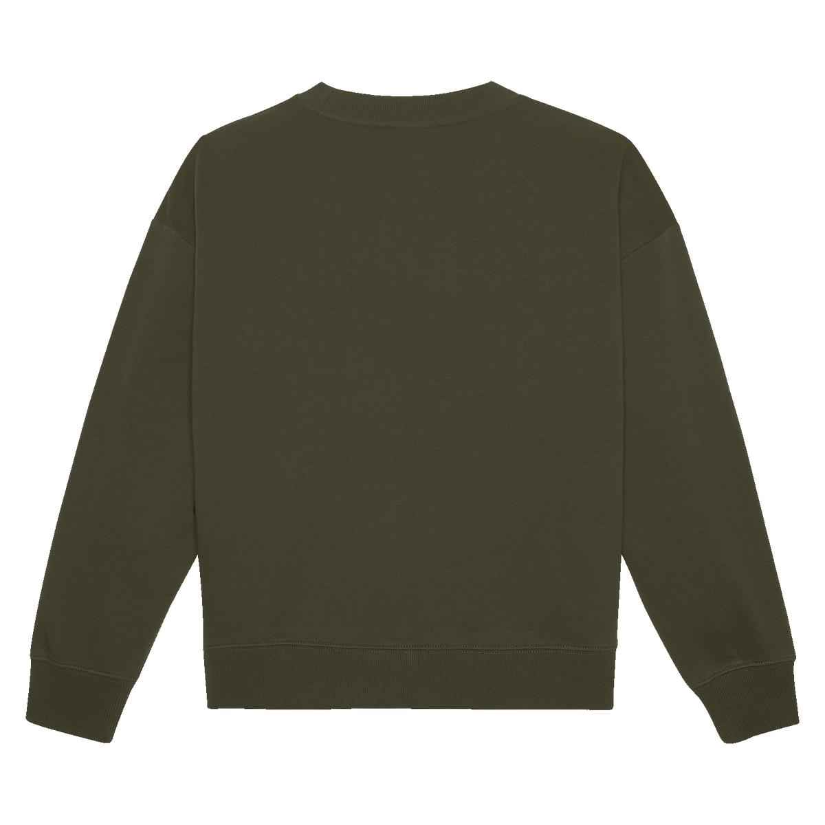 Vue de dos d'un pull à col rond BVB vert olive pour femme, idéal pour un look décontracté et pour les fans du Borussia Dortmund.