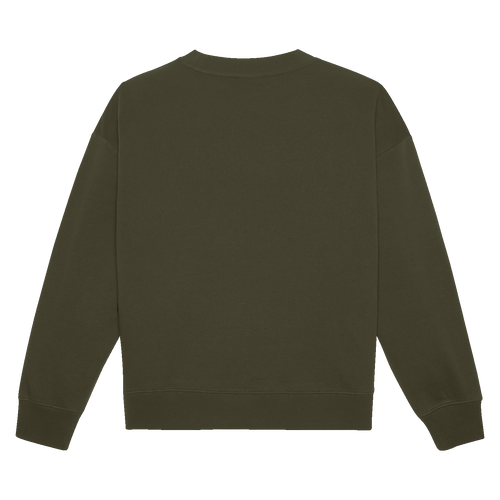 Vista trasera de un jersey de cuello redondo del BVB en color verde oliva para mujer, ideal para un estilo informal y para las seguidoras del Borussia Dortmund.