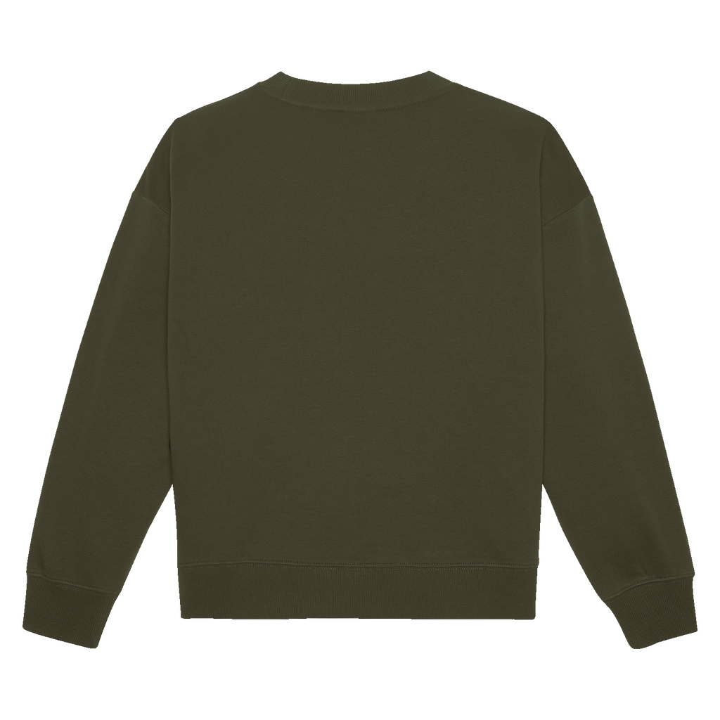Vista posteriore di un maglione a girocollo verde oliva del BVB da donna, ideale per il tempo libero e per le tifose del Borussia Dortmund.