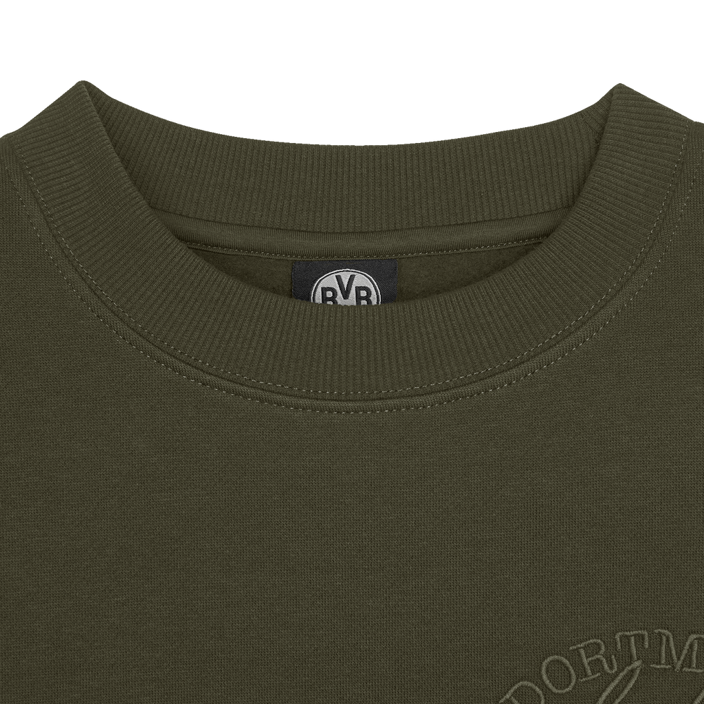 Felpa da donna con collo rotondo color verde oliva della collezione BVB, con stemma del Borussia Dortmund ricamato, ideale per i tifosi e per i look casual.