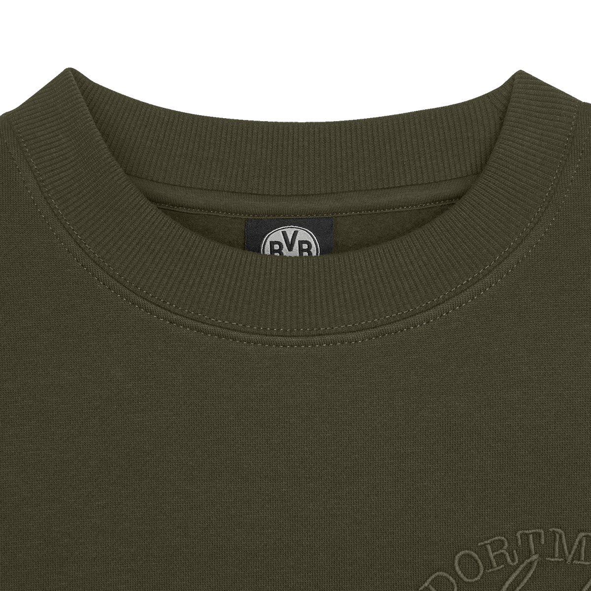 Felpa da donna con collo rotondo color verde oliva della collezione BVB, con stemma del Borussia Dortmund ricamato, ideale per i tifosi e per i look casual.