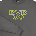Jersey de cuello redondo gris para mujer con el logotipo del BVB 09 y detalles en neón, ideal para las seguidoras del Borussia Dortmund.