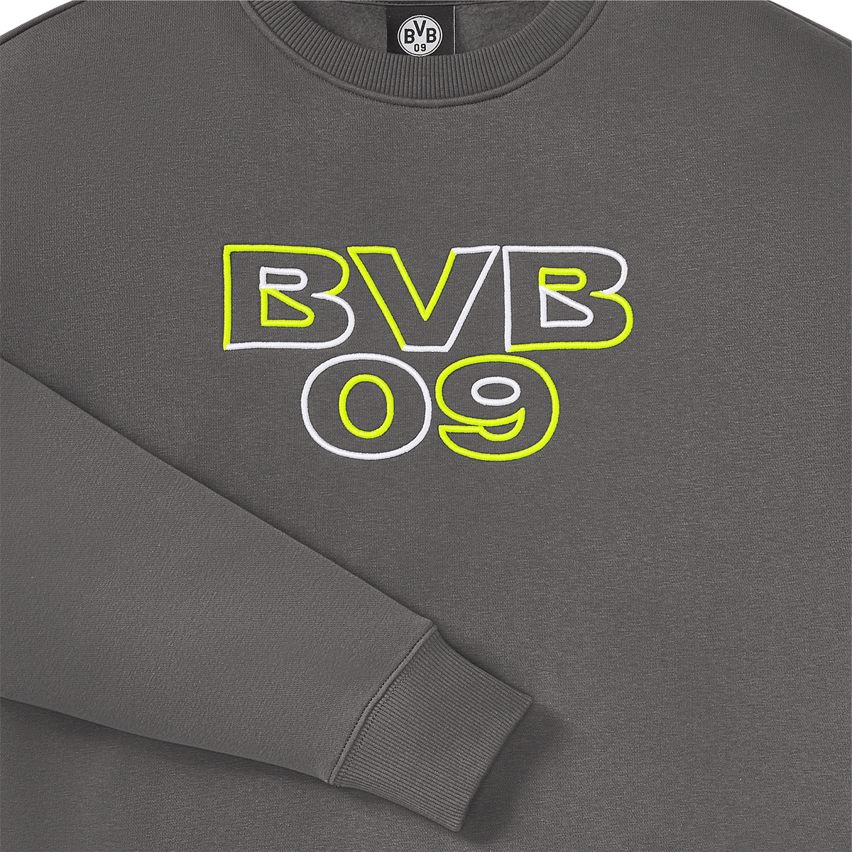 Grauer Damen Crewneck mit BVB 09 Logo in Neon-Akzenten, ideal für Borussia Dortmund Fans.