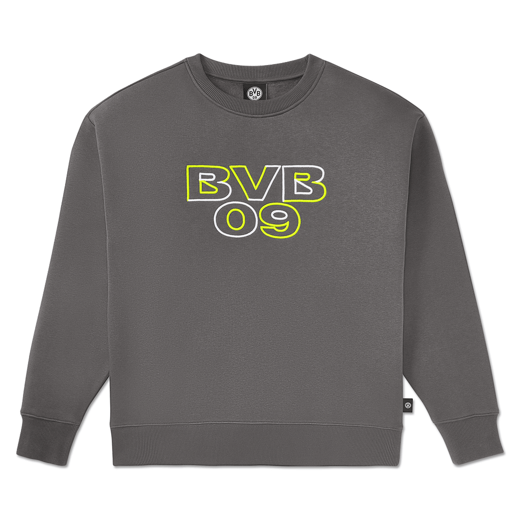 Jersey de cuello redondo gris para mujer con el logotipo del BVB 09 en colores neón brillantes, ideal para las aficionadas del Borussia Dortmund.