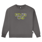 Jersey de cuello redondo gris para mujer con el logotipo del BVB 09 en colores neón brillantes, ideal para las aficionadas del Borussia Dortmund.