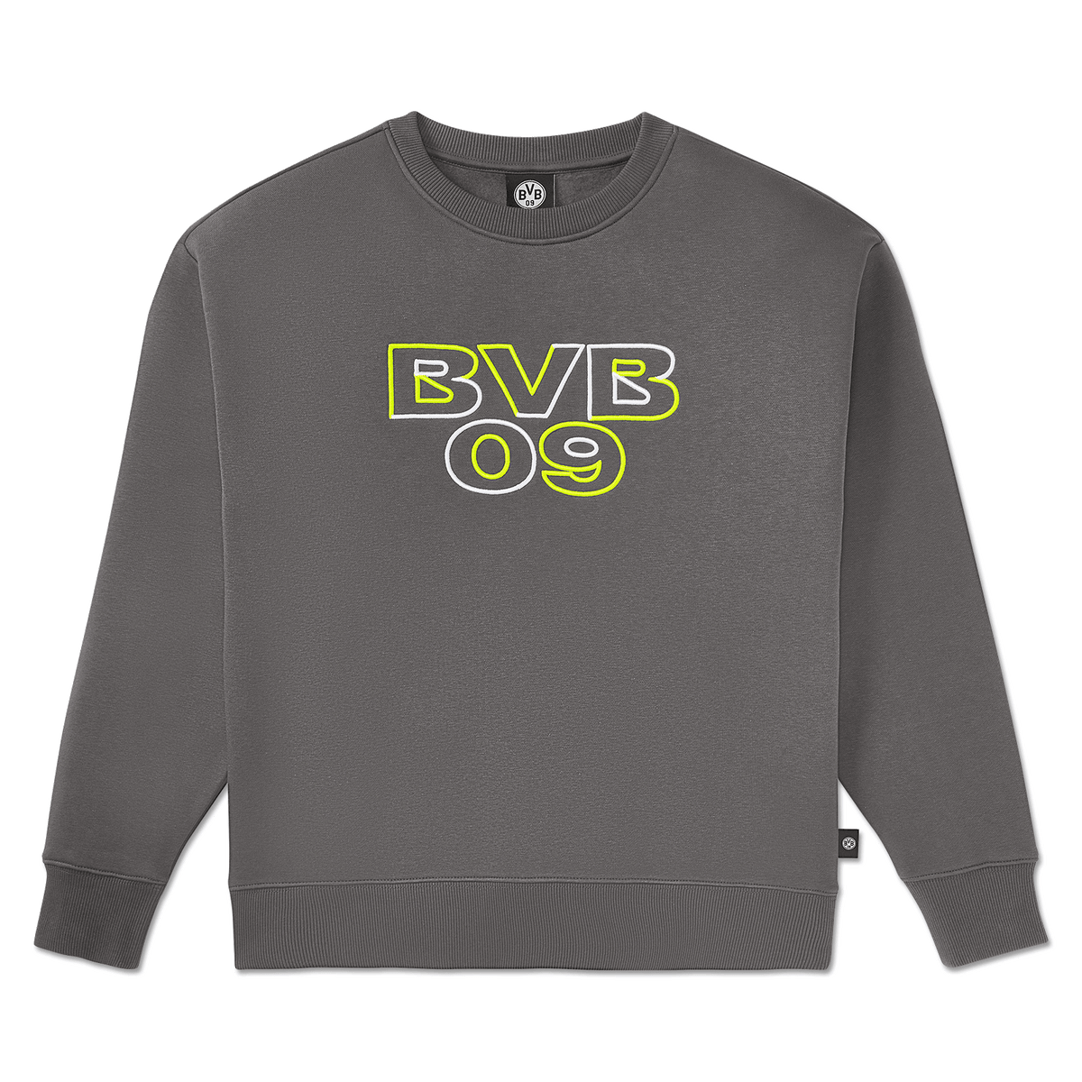 Grauer Damen-Crewneck-Pullover mit BVB 09-Logo in leuchtenden Neonfarben, ideal für Fans von Borussia Dortmund.