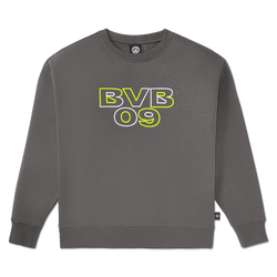 Gray women's crewneck sweater with the BVB 09 logo in bright neon colors, perfect for Borussia Dortmund fans.