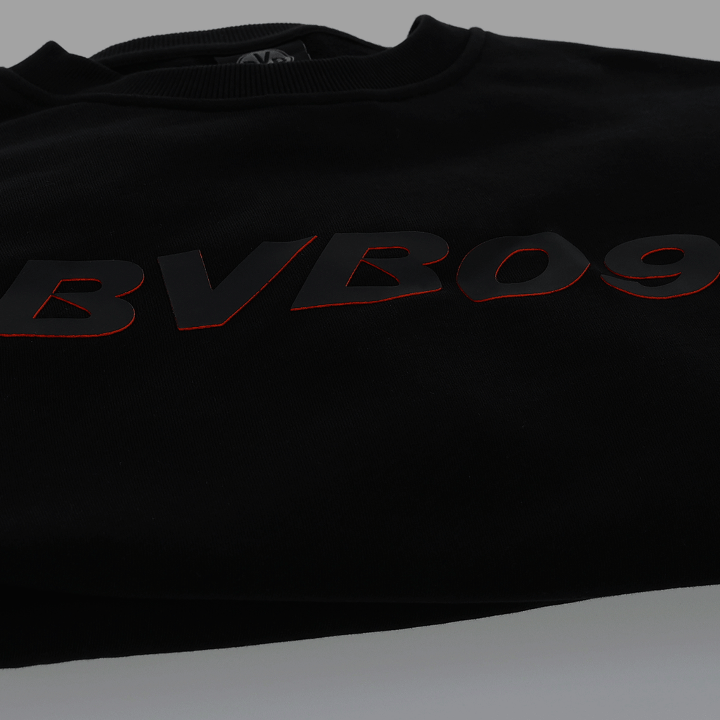 前面に大きな赤いロゴが入った黒い「BVB 09」のセーター。ボルシア・ドルトムントのファンに最適です。
