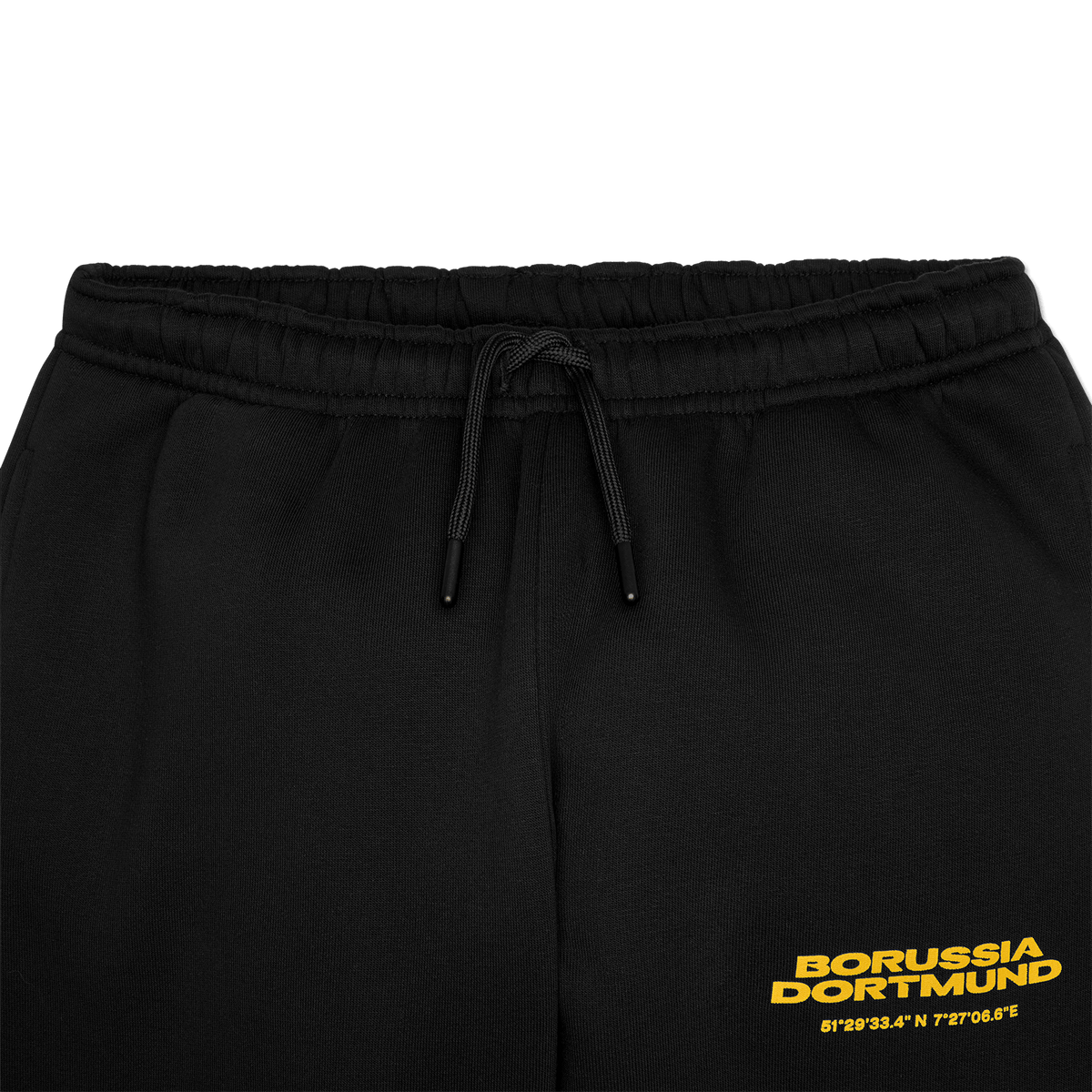 Pantaloni della tuta neri del BVB per bambini con logo giallo del Borussia Dortmund e coordinate, ideali per i tifosi.