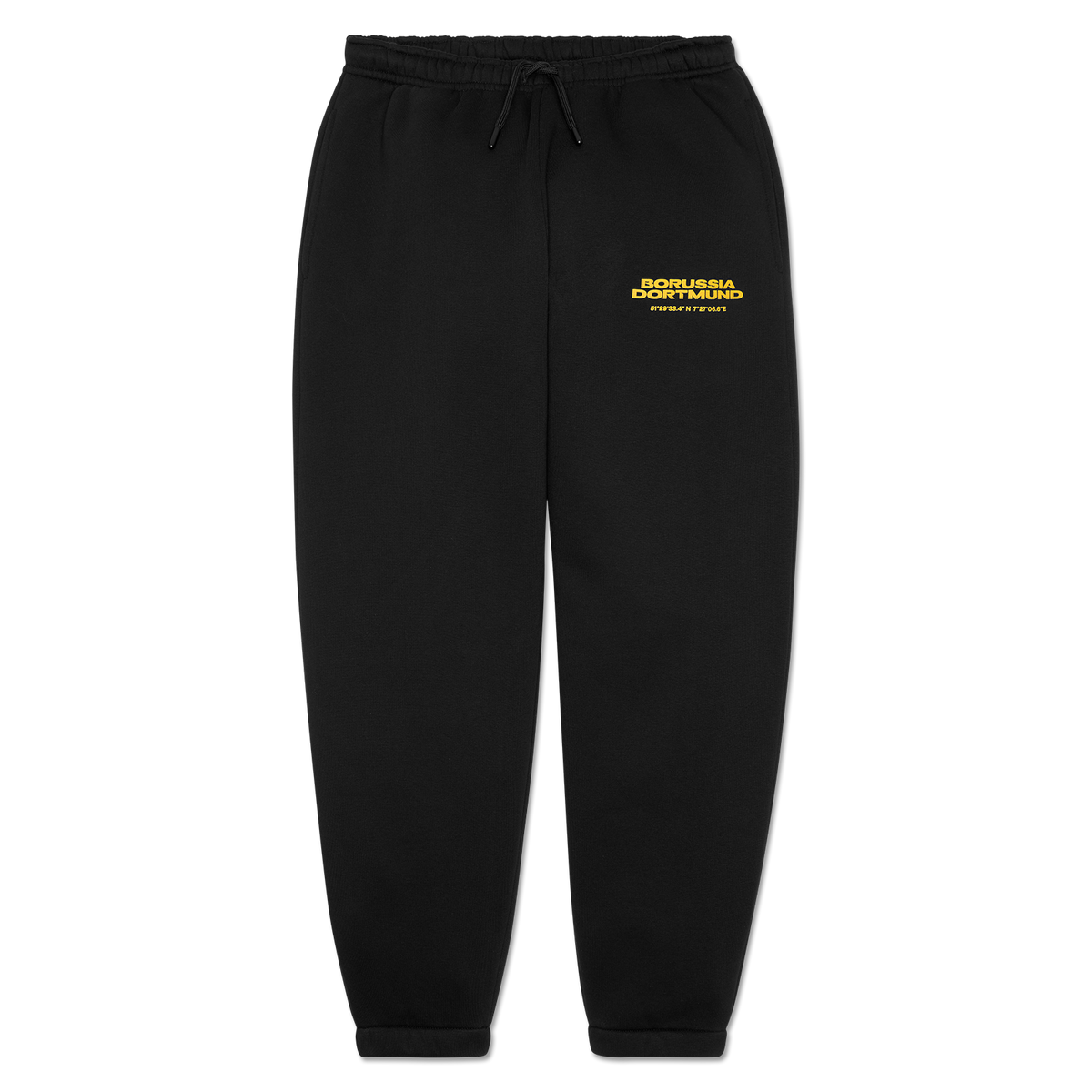 Schwarze BVB-Jogginghose mit gelbem Borussia Dortmund-Logo auf der rechten Seite, ideal für Fans.