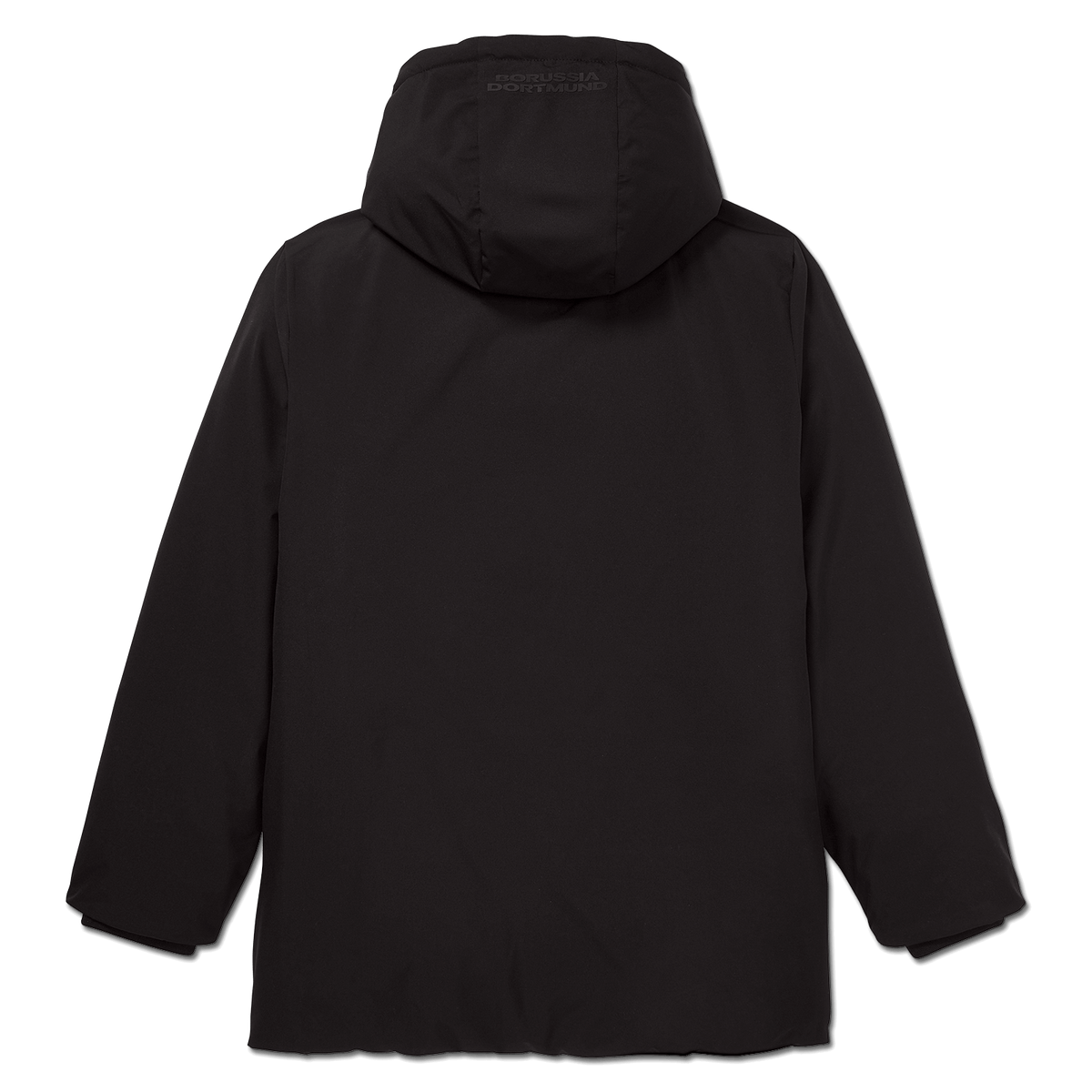 Der BVB-Parka in Schwarz mit Kapuze, Rückansicht. Perfekt für kalte Tage und ein Muss für jeden Borussia Dortmund Fan.