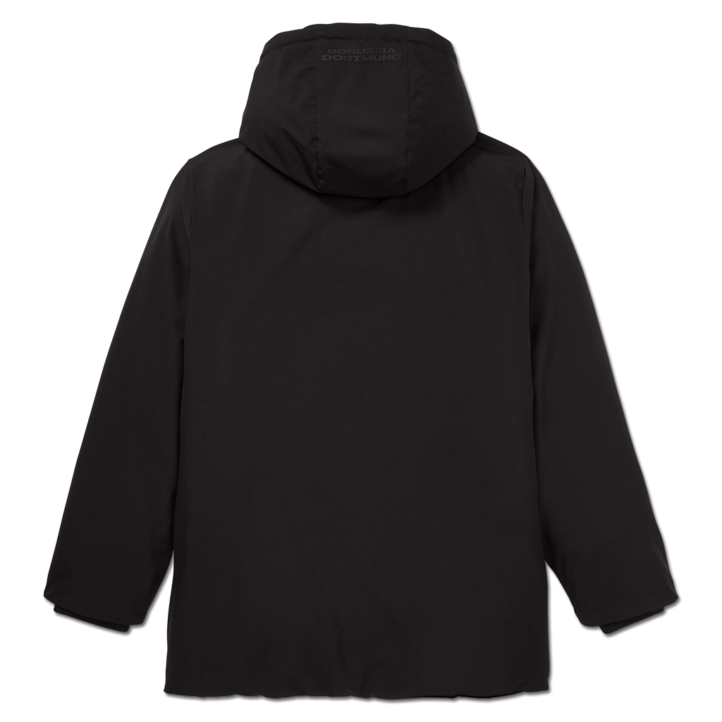The black BVB hooded parka, rear view. Perfect for cold days and a must-have for every Borussia Dortmund fan.
