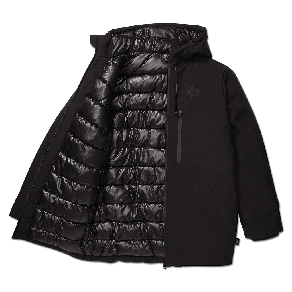 Warm black BVB parka with a quilted lining and the BVB logo on the chest, shown from the front.