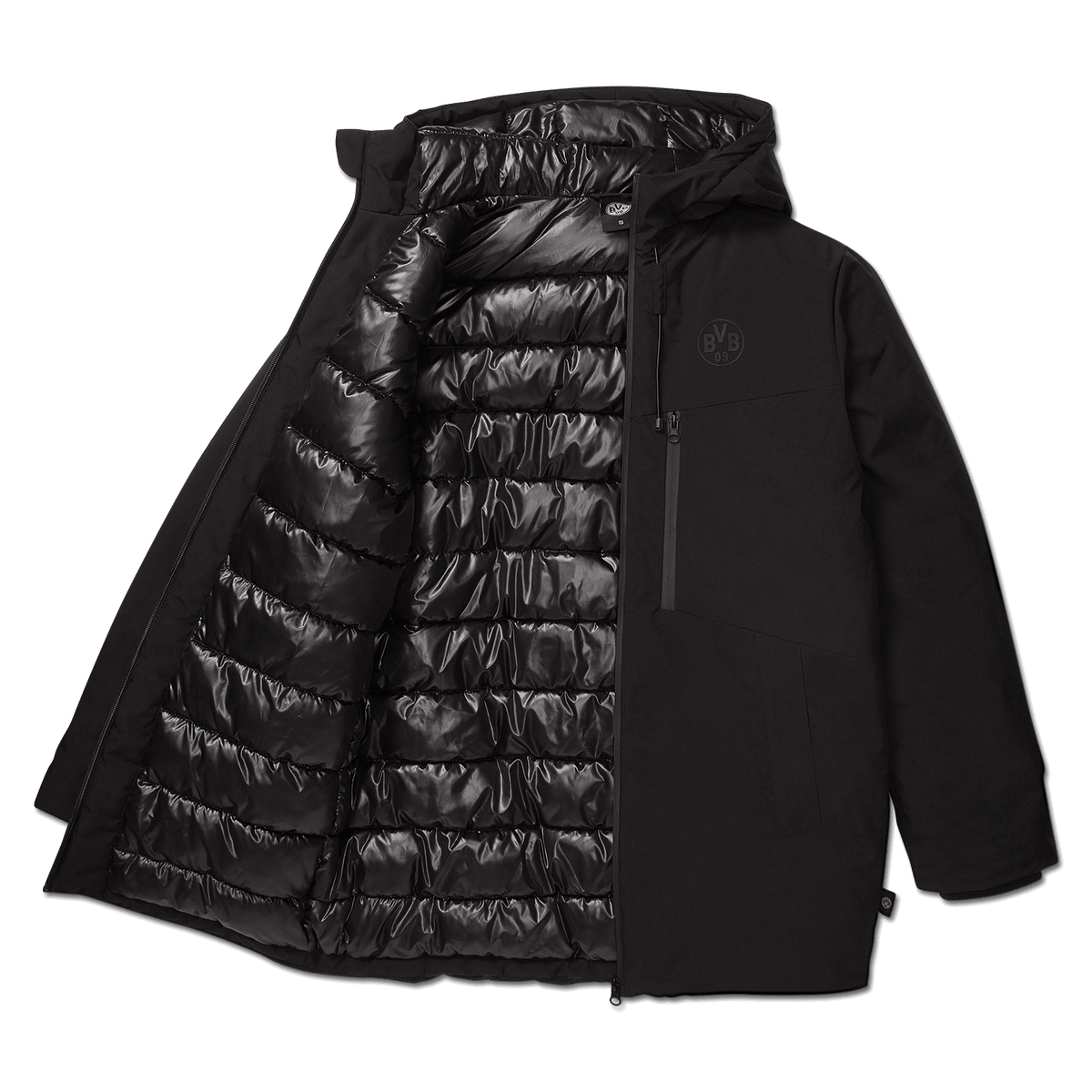 Warm black BVB parka with a quilted lining and the BVB logo on the chest, shown from the front.