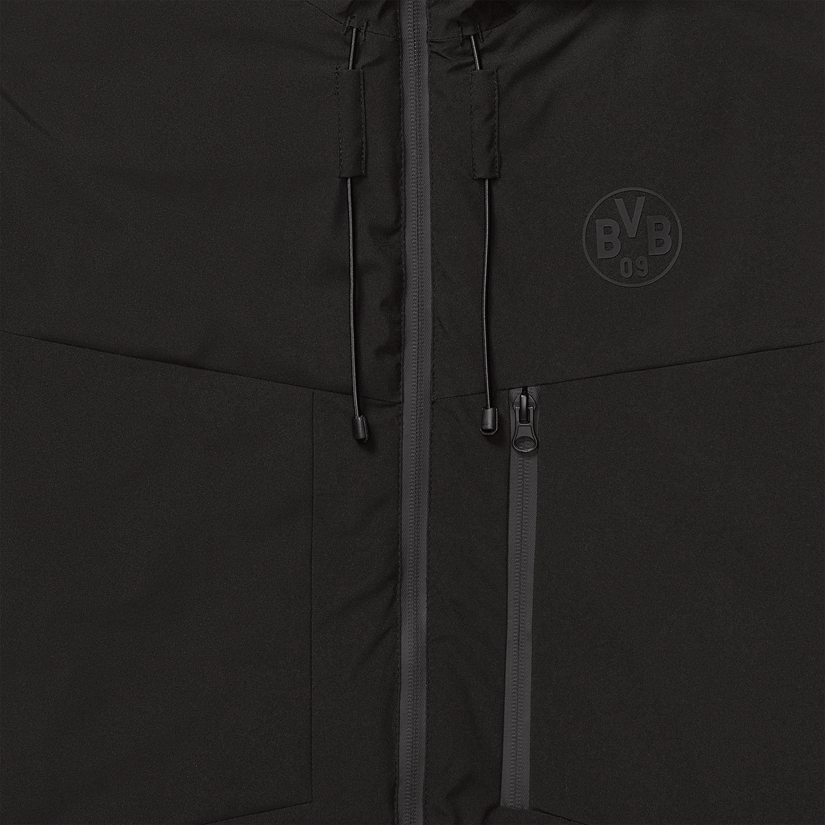 Black BVB parka from the 24-25 collection with a subtle BVB logo on the chest and a practical zipper design.