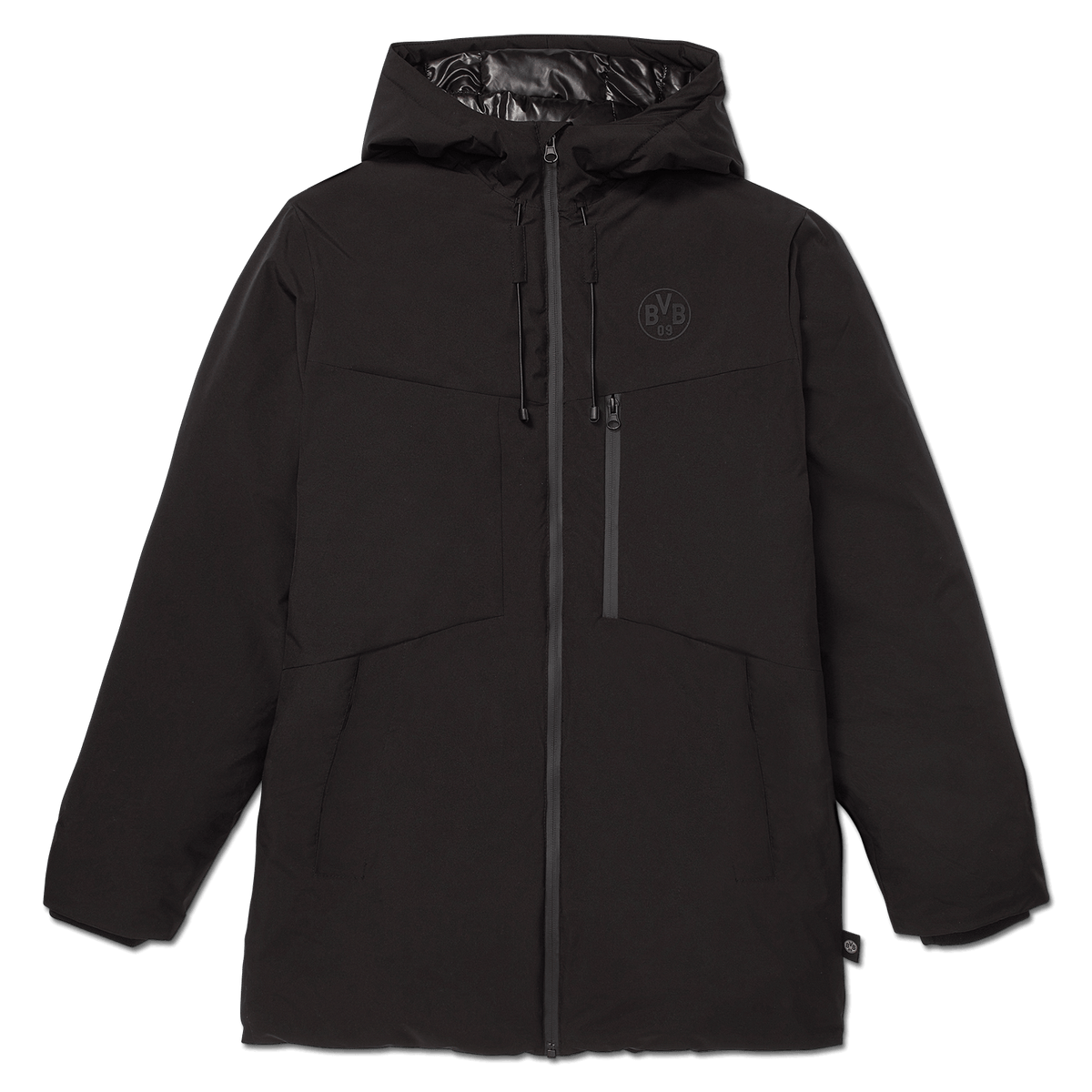 Schwarzer BVB Parka mit Kapuze, minimalistischen Details und BVB-Logo auf der Brust, perfekt für kühle Tage und Fußballfans.