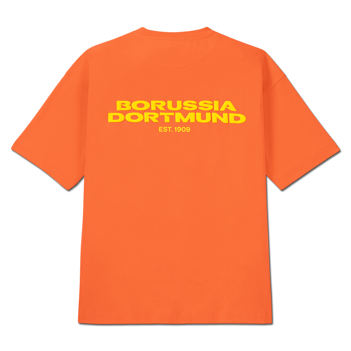 T-shirt BVB Urban de couleur orange, orné d'un grand logo jaune « Borussia Dortmund » et de la mention « EST. 1909 » au dos, idéal pour les supporters du BVB.