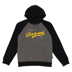 BVB Explorerのフーディ（ブラックとグレー）。前面には黄色の「Borussia Dortmund」のロゴとカンガルーポケットが付いています。