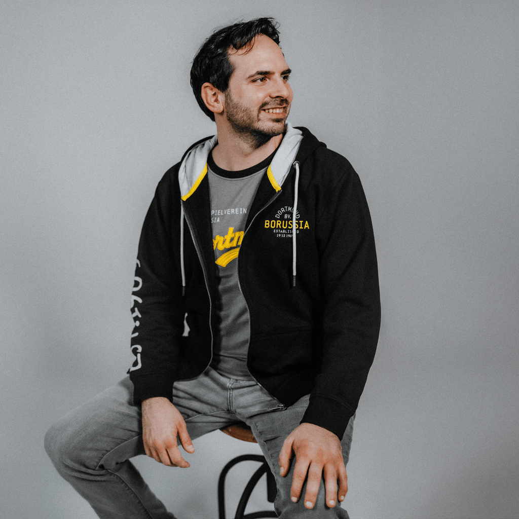Giacca felpata BVB Explorer da uomo, nera e gialla, dal taglio ampio e dal design sportivo, con cappuccio e cordoncino, perfetta per i tifosi del Borussia Dortmund.