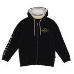 Schwarze BVB Sweatjacke mit Kapuze und gelbem Innenfutter, BVB-Schriftzug auf der Brust, Reißverschluss vorne, ideal für Fans von Borussia Dortmund.