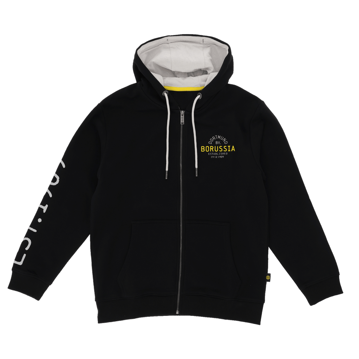 Schwarze BVB Sweatjacke mit Kapuze und gelbem Innenfutter, BVB-Schriftzug auf der Brust, Reißverschluss vorne, ideal für Fans von Borussia Dortmund.