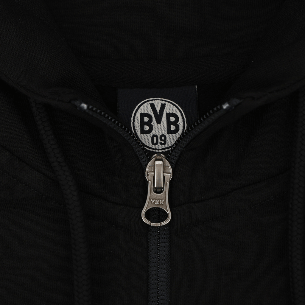 Veste sweat noire du BVB avec fermeture éclair et logo BVB 09 élégant, idéale pour les supporters du Borussia Dortmund.