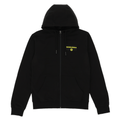 Chaqueta sudadera negra del BVB con el logotipo del Borussia Dortmund en colores neón en el pecho, la capucha y la cremallera. Perfecta para los aficionados y para el tiempo libre.