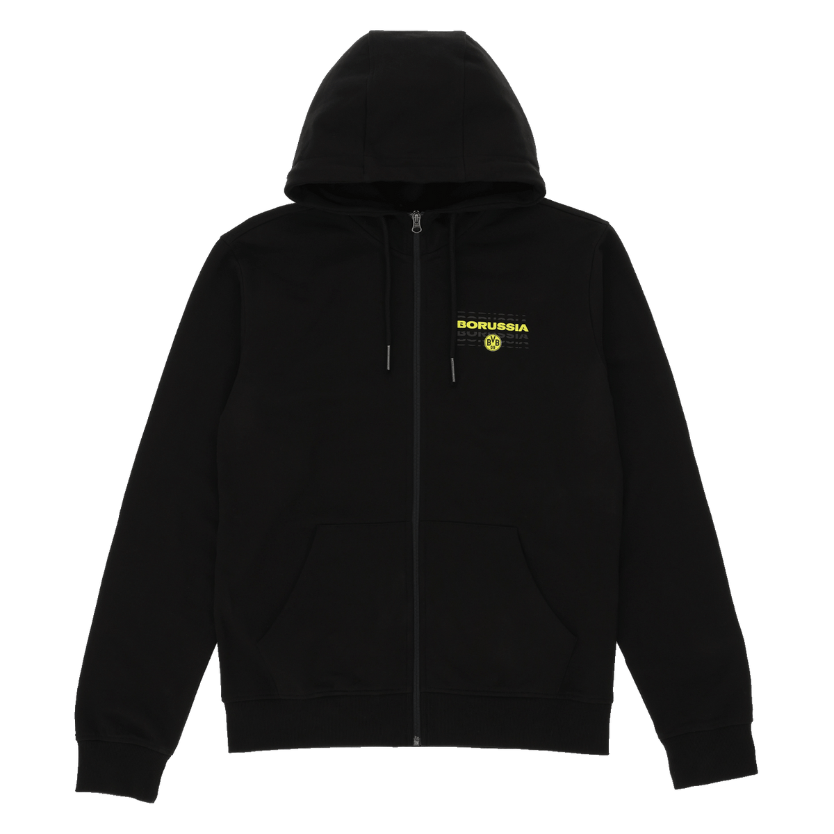 Veste sweat noire du BVB avec logo du Borussia Dortmund de couleur fluo sur la poitrine, la capuche et la fermeture éclair. Idéale pour les supporters et les loisirs.